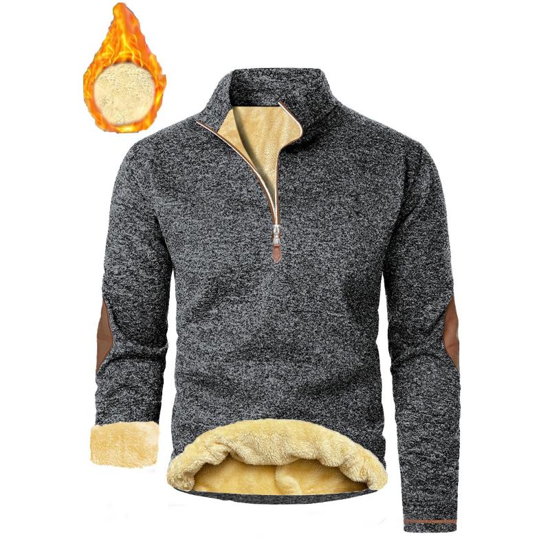 Winter Men's Fleece Lined Pullover Sweatshirt New Leather Decor Long Sleeve Half Zipper Plus Velvet Pullover Tops Casual Hoodies