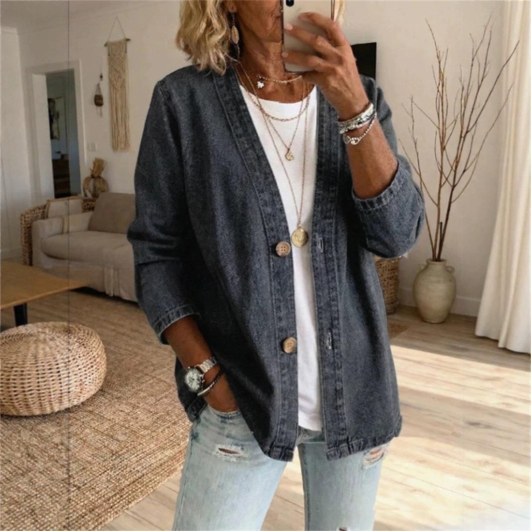 2026 spring foreign trade women s clothing floral printing casual women s clothing imitation denim cardigan jacket S чёрный