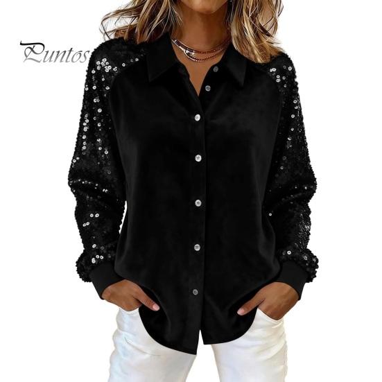 Soft Breathable Shirt Women Button-Down Lapel Long Sleeve Tops Solid Color Glitter Loose Fit Shiny Sequins Velvet Cocktail Party Wear Sweat-absorbent