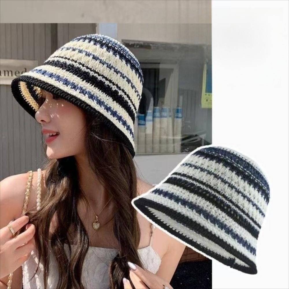 Fashion Striped Knitted Hollow Fisherman Hat Big Eaves UV Protection Straw Bucket Cap Multicolor Breathable Basin Hat Outdoor
