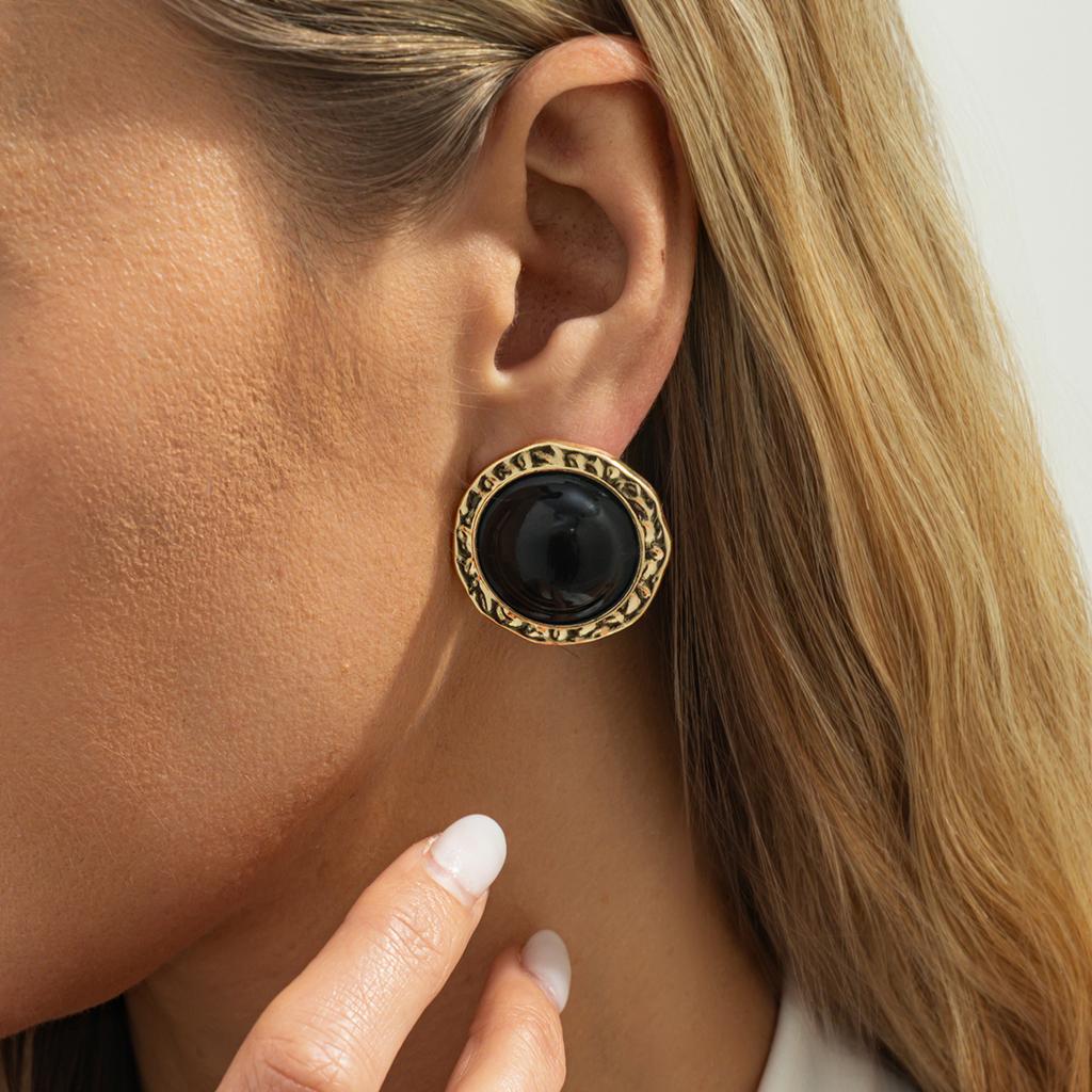 SHIXIN Vintage Black Acrylic Resin Alloy Stud Earrings for Women Minimalist Geometric Round Piercing Earrings Bohemian Jewelry