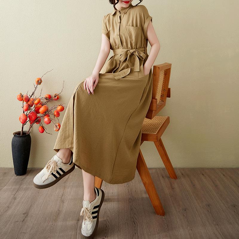 

Летнее платье-кардиган из хлопка и льна 2025 - Однотонное, Приталенное, Литературный стиль L хаки