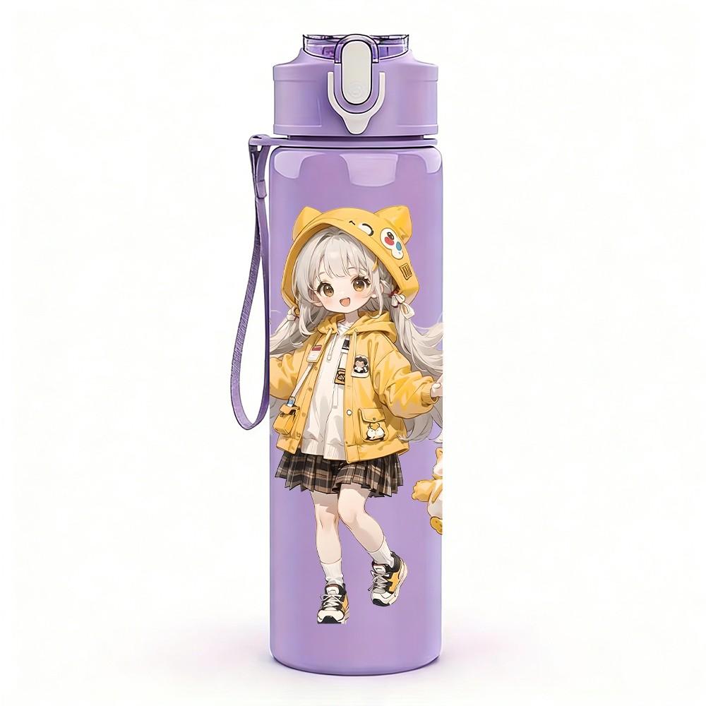 1PC Hooded Girl Autumn Outfit Pattern 750ml Color Plastic Sports Water Bottle Leakproof Flip Straw Lid Suitable for Sports Office Home Use