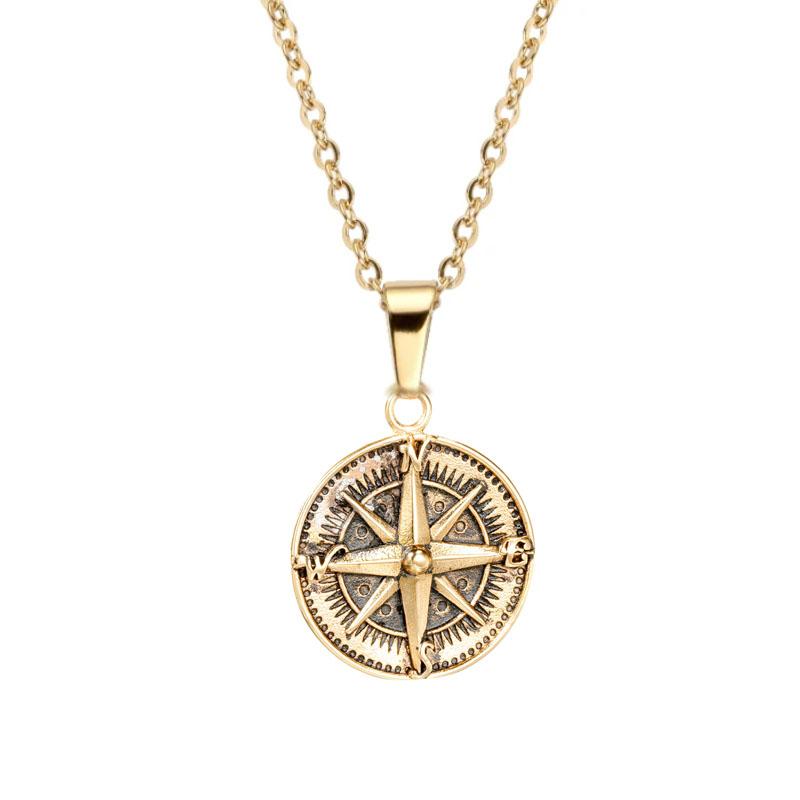 Compass Gold Pendent Stainless Steel Mens Jewelry Necklace