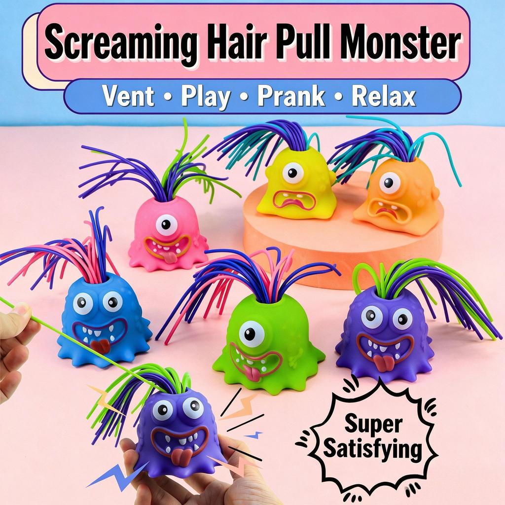 Pull Hair Screaming Monster Fidget Toy, Stress Relief Sensory Toy with 6 Funny Sounds, Soft Silicone Hair Prank Toy for Kids Adults