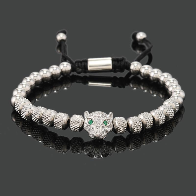 Luxury Royal Black Leopard Head Man Bracelet Stainless Steel Beads Hand Jewelry Big Boy Gift