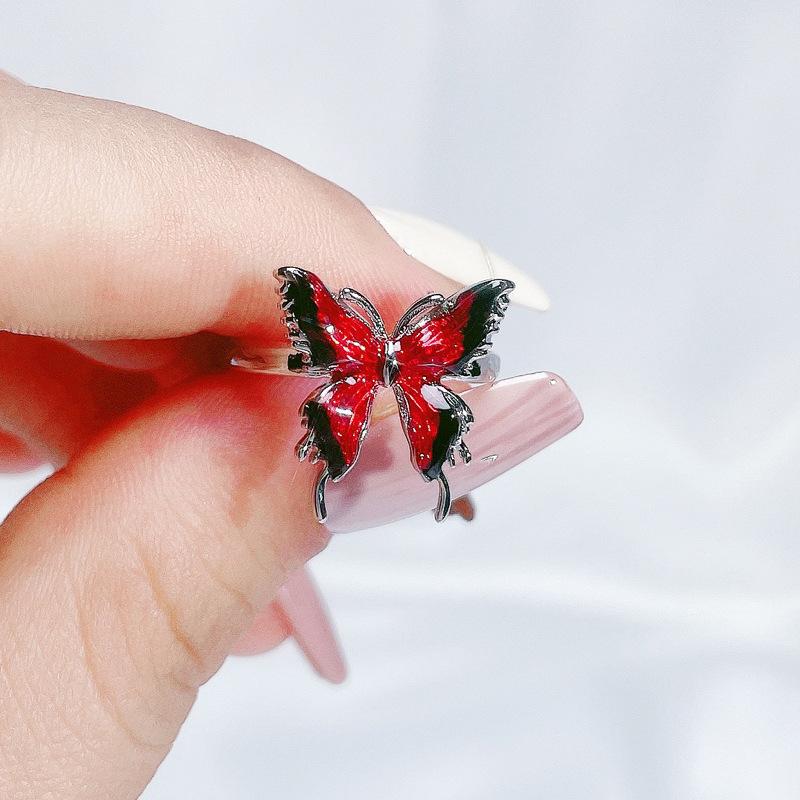 Temperament Niche Exquisite Design Sense Personality Ring Sweet Cool Red Enamel Drip Glaze Butterfly Opening Ring Female