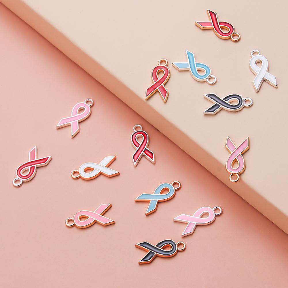 10pcs/lot Ribbon Enamel Charms Breast Cancer Awareness Pendants For DIY Necklace Earring Bracelet Jewelry Making Handmade