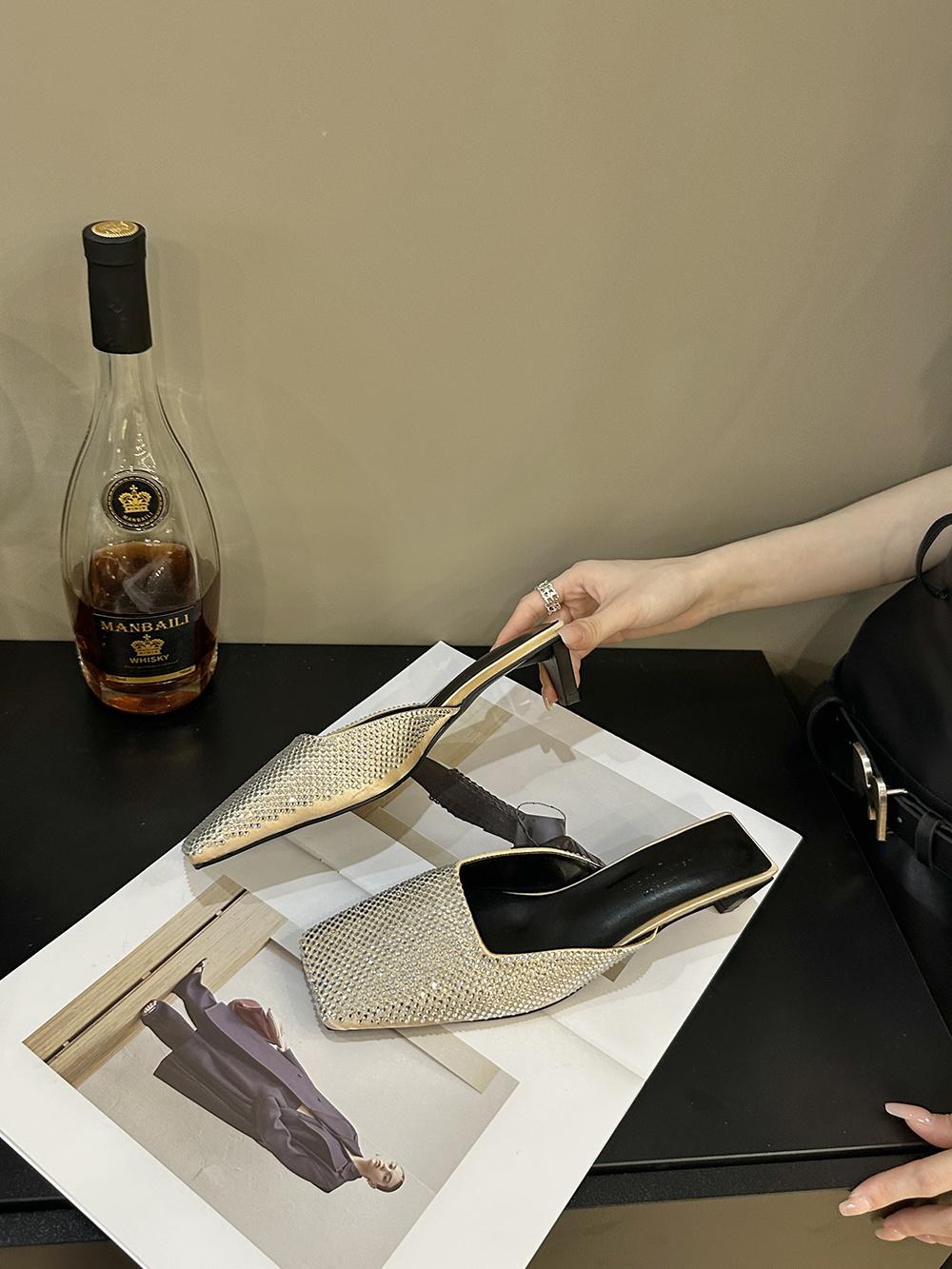 

модные женские туфли с квадратным носком, летние туфли со стразами, женские туфли на толстом высоком каблуке, блестящие туфли-лодочки для вечеринок, повседневные туфли-мюли 5.5 золотой