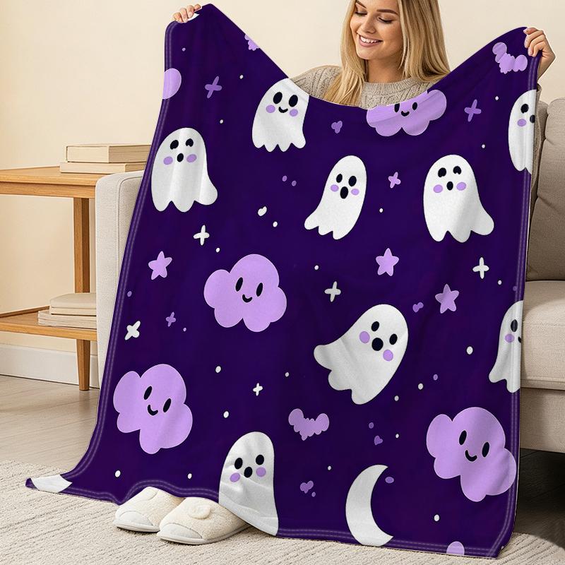 Plush Flannel Blanket, Cute Ghost Series Soft Warm Throw Machine Washable Cozy Blanket for Home, Office Naps, Halloween & Christmas Gift