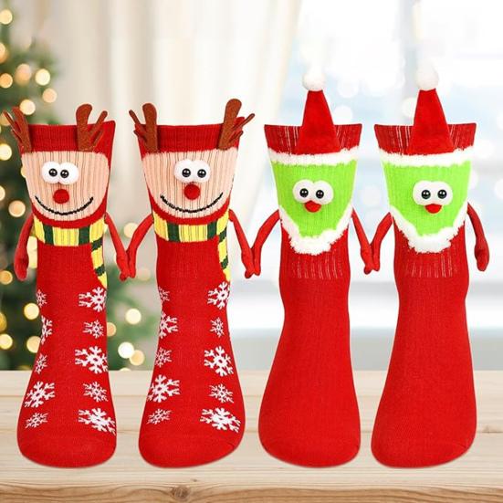 Cartoon Christmas Socks Magnetic Holding Hands Socks Cute Snowman Reindeer New Year Socks Fun Gifts for Girls Teens Birthday Holidays