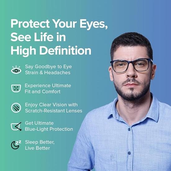 Intellilens | Zero Power Blue Cut Computer Glasses  & Blocks Harmful Rays | UV Protection Specs |Unisex| Blue | Square | Medium