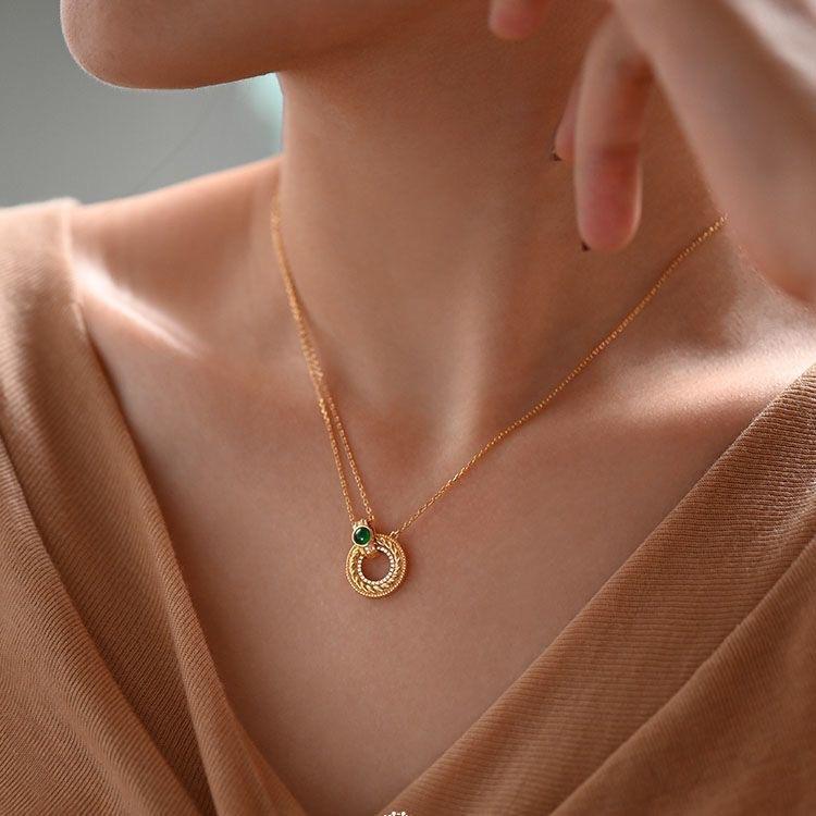 "Matcha Donut" Gold-Plated With Green Agate Retro Necklace Twist French Style Pendant Starry Sky Compass