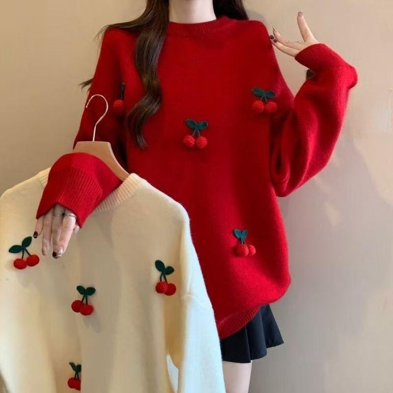 3D Cherry Decoration Women's Sweater Round Collar Solid Color Long Sleeved Pullover Korean Version Autumn New Style Loose Female Top