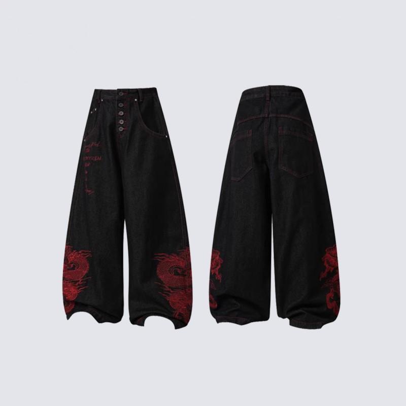 Fall Winter American Retro Street Embroidered Hip Hop Jeans Men Women Teens Straight Leg Skateboard Dance Trousers