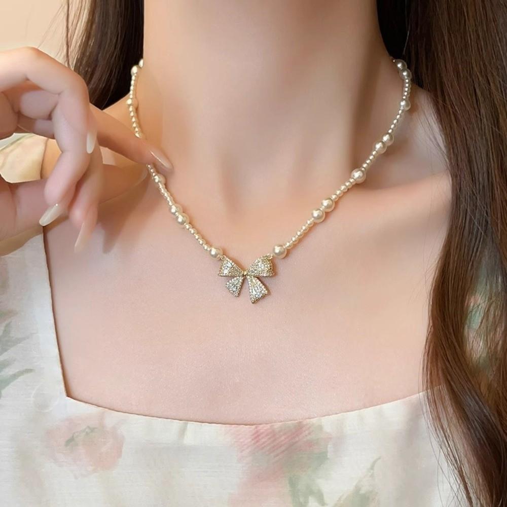 Clavicle Chain Silver Bowknot Necklace Pearl Simple Pendant Chain Bow Necklace Pendant  Girls/Women