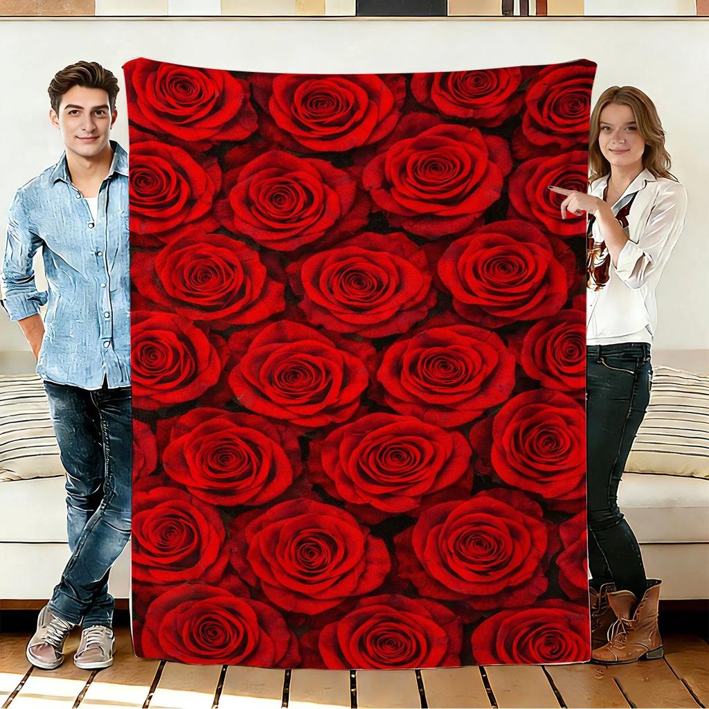 Red Rose Pattern Flannel Blanket Soft Cozy Throws Napping Travel Use