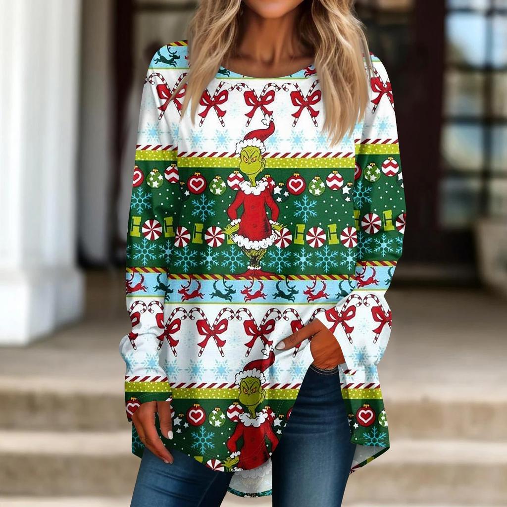 Damen Weihnachtsdruck Langarmshirt Rundhals Pullover T-Shirt Top Pullover