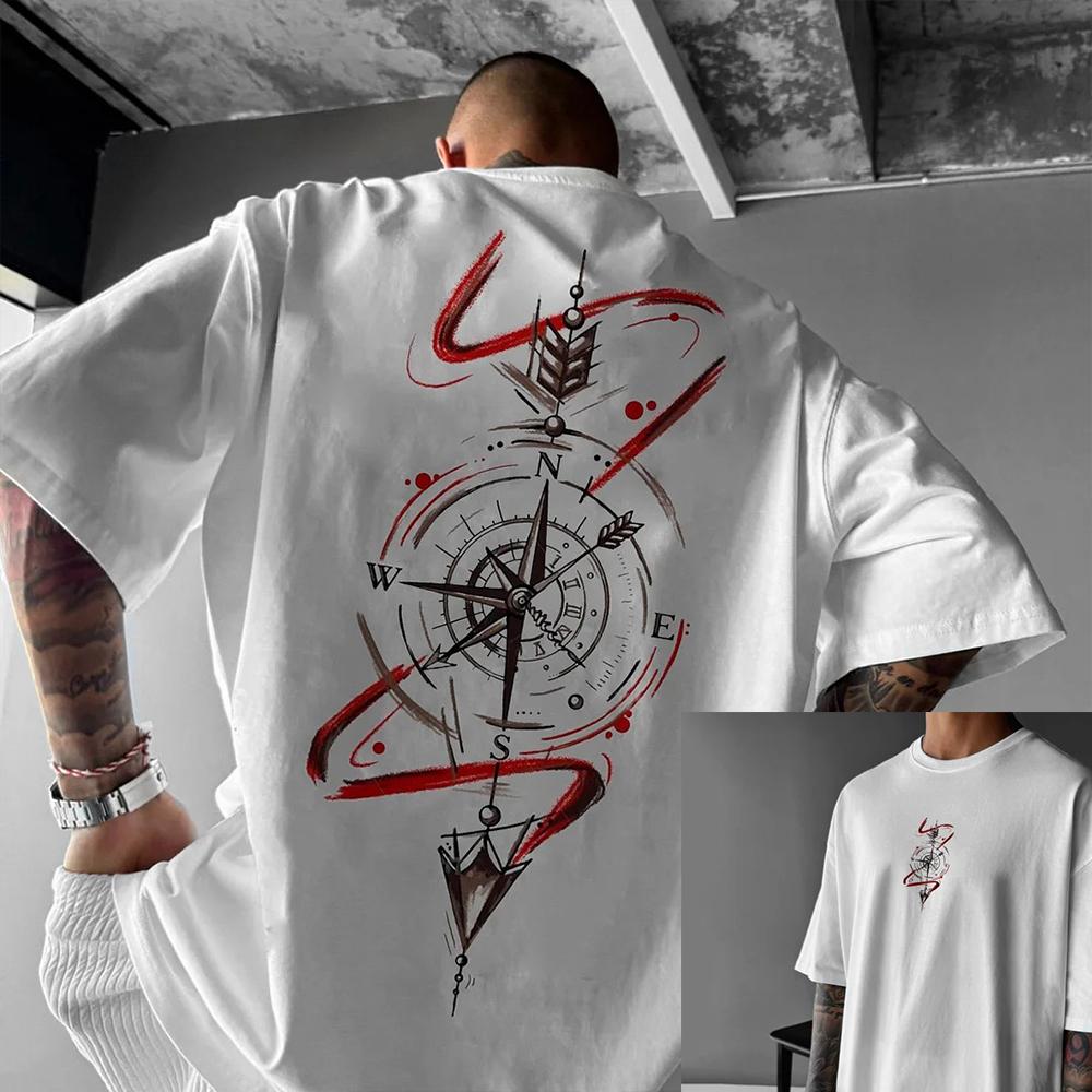 

Summer men s Harajuku shirt with compass pattern, women s luxury 100% pure cotton short-sleeved T-shirt, men s casual retro top S