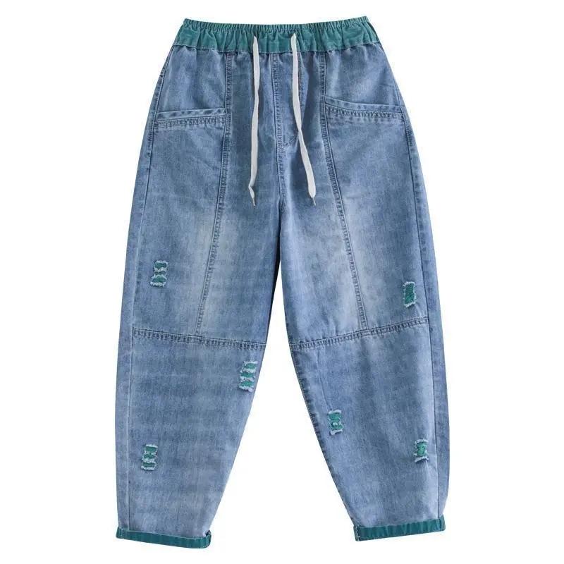 

Nine Point ripped Jeans For women Summer Loose Thin Elastic waist Casual Harem pants Female denim Ankle Length pants S зелёный