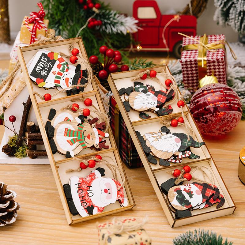 Festive Three Compartment Wooden Box Ornament For Cheerful Christmas Home Decor