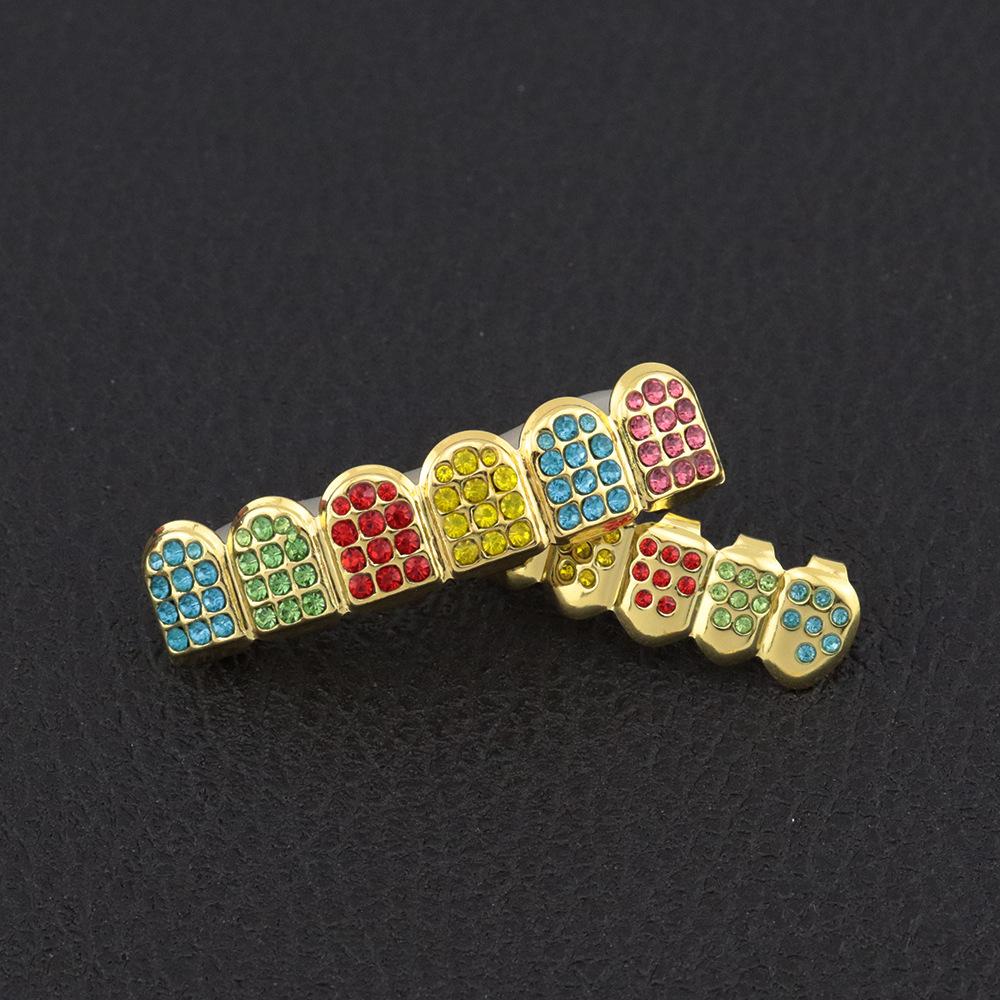 Hip Hop Iced Out Colorful Gold Plated Teeth Grillz, Color CZ Diamond Grills for Men & Women
