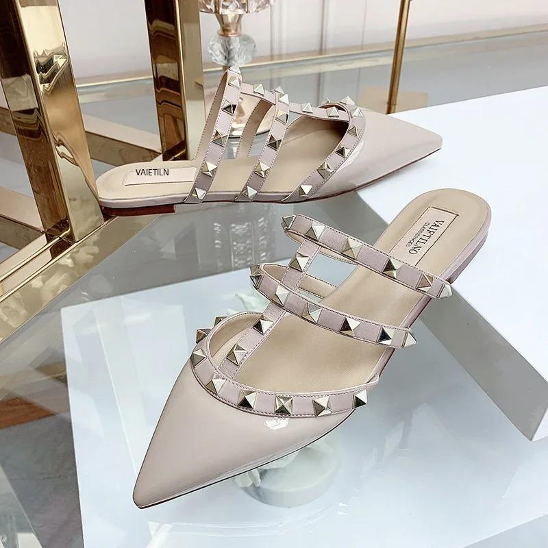 Soleist Women's Sandals Summer Luxury Shoes Woman Trend Ankle Strap Rivets Flat Shoes Brand Design Slippers Ladies Shoes Women