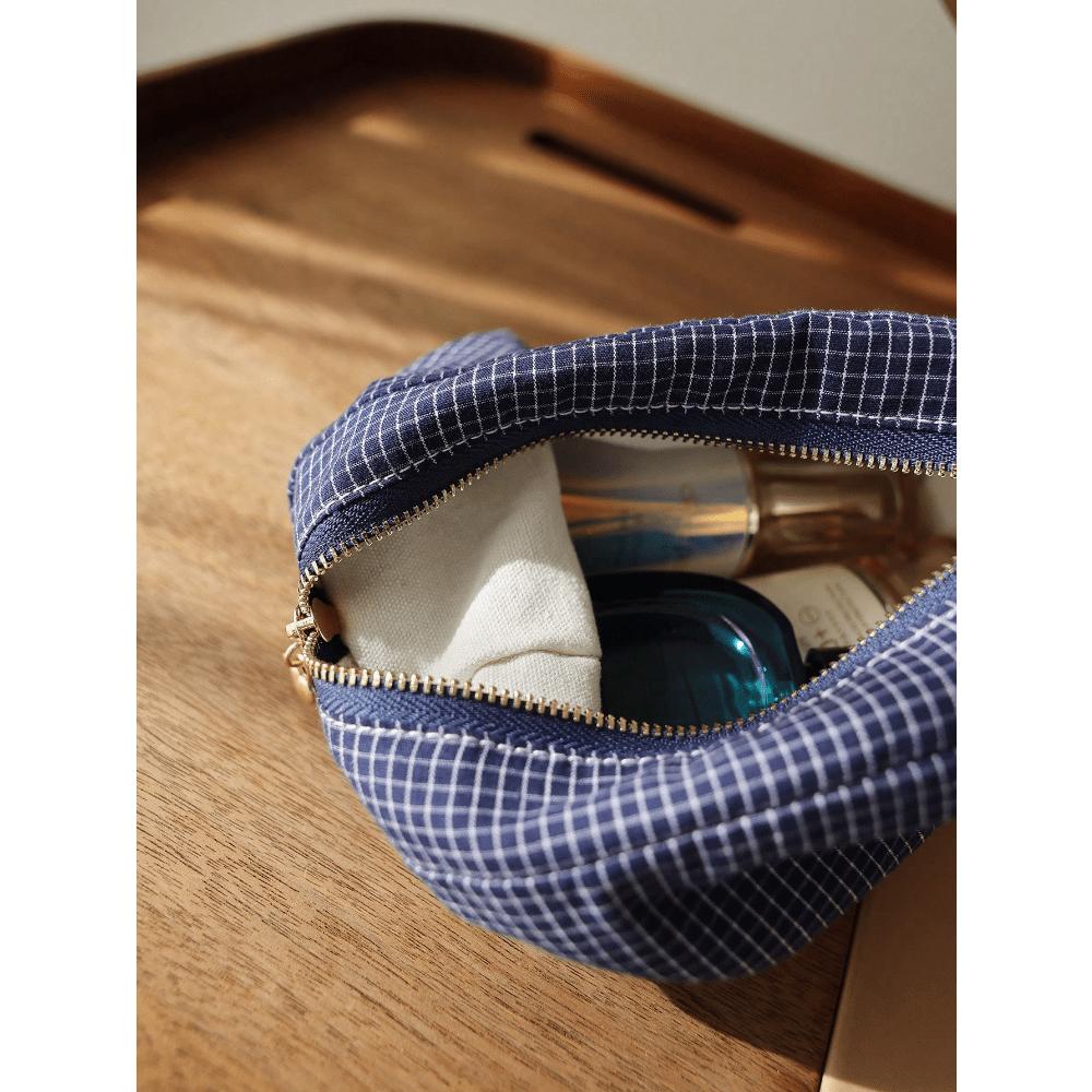 Japanese Style Plaid & Striped Fabric Multi-Functional Zipper Makeup Bag, Portable Travel Pouch School Supplies Travel Essentials Make Up Bag