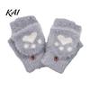 Practical Gift for Winter Furry Cat Paw Thermal Gloves, Flip Top Mitten with Button Women, Half Finger Writing Gloves Students Plush Cute Bear