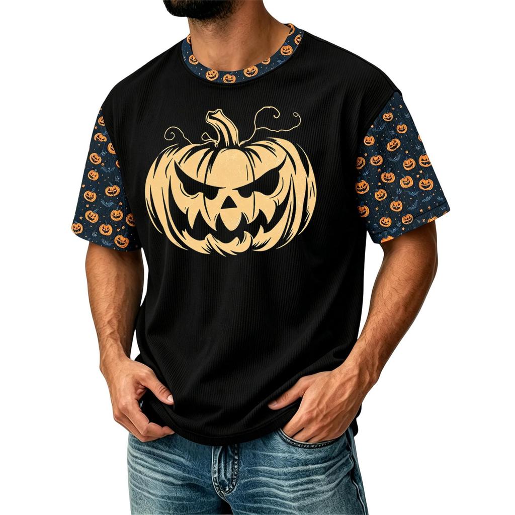 Men's Casual Corduroy Short Sleeve Crew Neck Lightweight Breathable Top Halloween Graphic Print Lettering Design