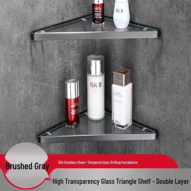 304 Stainless Steel Gunmetal Gray Corner Bathroom Glass Shelf