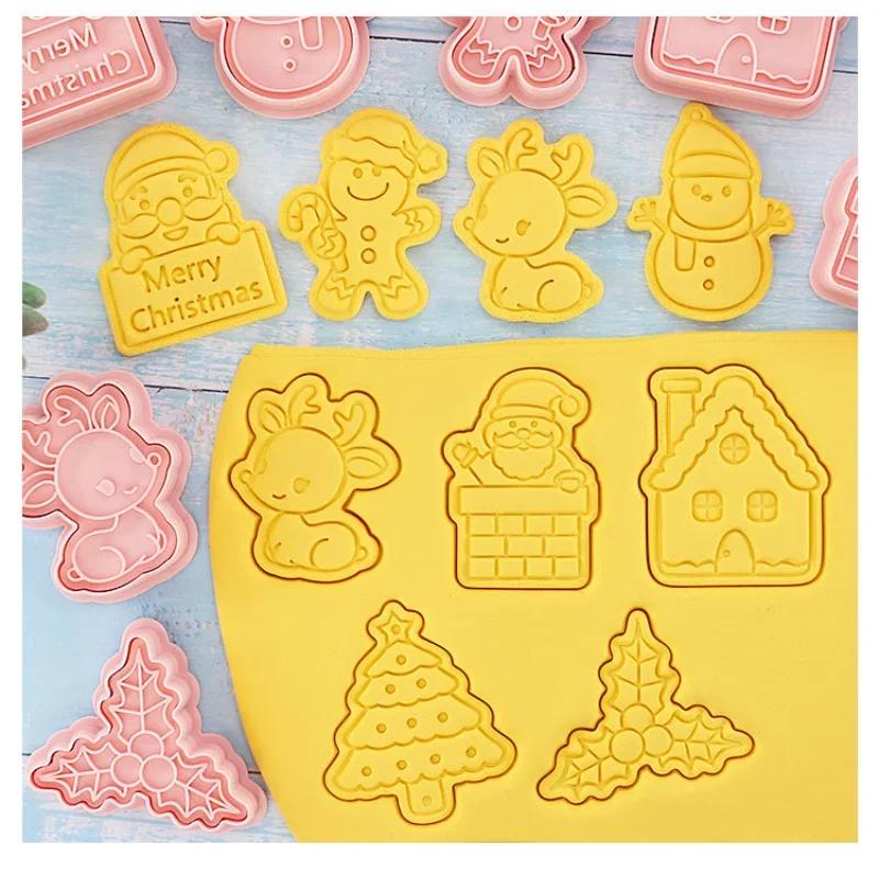 8pcs/Set Christmas Biscuit Mould Cookie Cutter 3D Cartoon Biscuits Mold Plastic Baking Cookie Stamp Cookie Decorating Tools