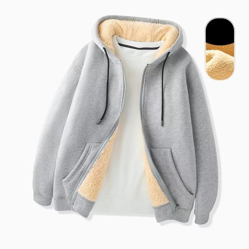 Autumn and Winter Lamb Fleece Jacket Men's Heavy Plus Velvet Thickened Men's Sweater Black Top Youth Hooded Cardigan