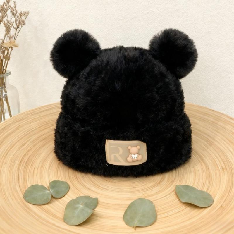 Plush Letter Little Bear Ears Autumn and Winter Knitted Cute Mao Line Hat Women Thickened for Keep Warmth Coldproof No Eaves Pullover Hat