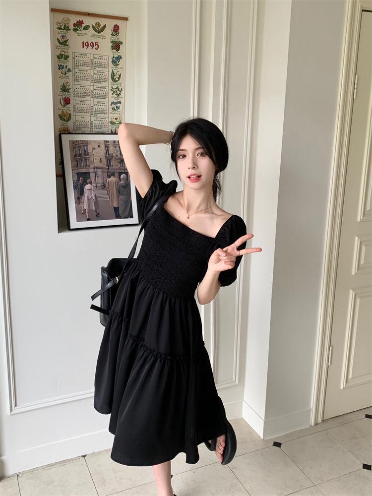 Plus Size French Bubble Sleeve Square Neck Summer Dress - Slimming Hepburn Style Little Black Dress