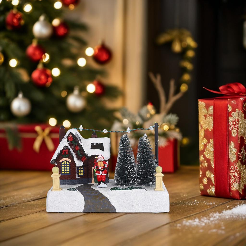 Resin Christmas Village Lighted Music Box Glowing House Ornament Xmas Table Centerpiece Holiday Decor Resin Table Decoration