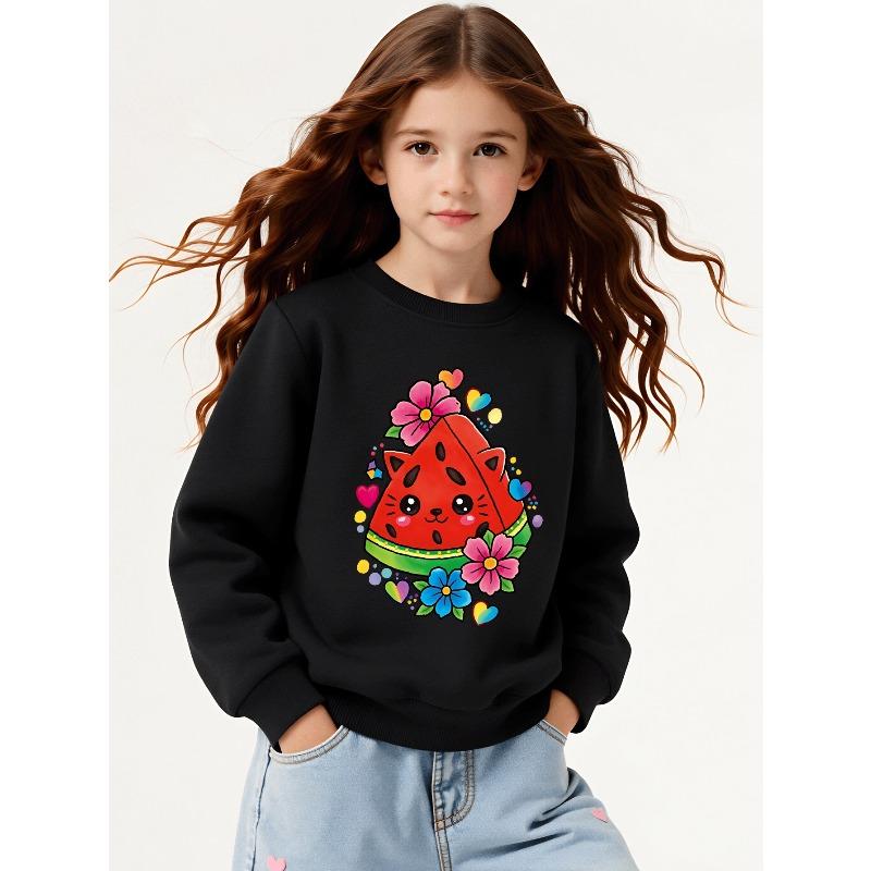 Kids Sweatshirt,Crew Neck Fashion Top, Fun"Cute Watermelon Cat Flower Hearts "patterned Sweatshirt, for Everyday Casual Wear,Casual Daily Sweatshirt