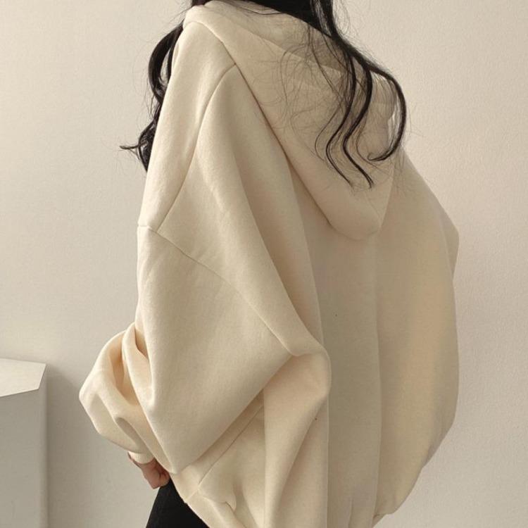 Women Loose Fashion Drop Shoulder Hooded Sweatshirt Top Large Size Solid Color Patch