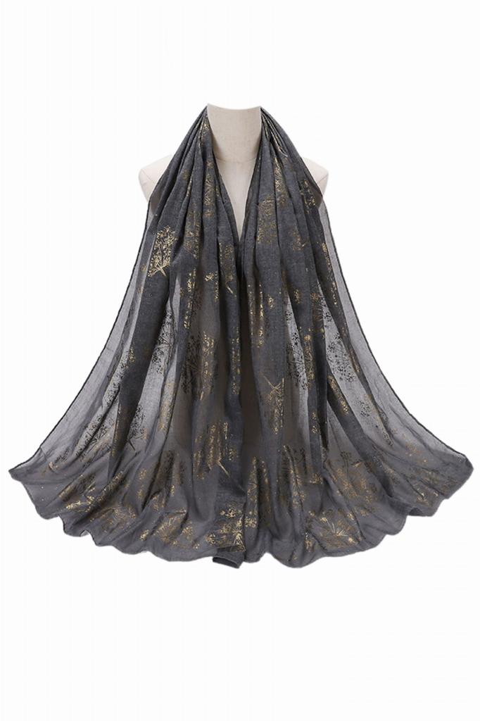 Shawl 180X70Cm Golden Flower Headscarf Hijab Decorated with Golden Flowers in Graphite Color