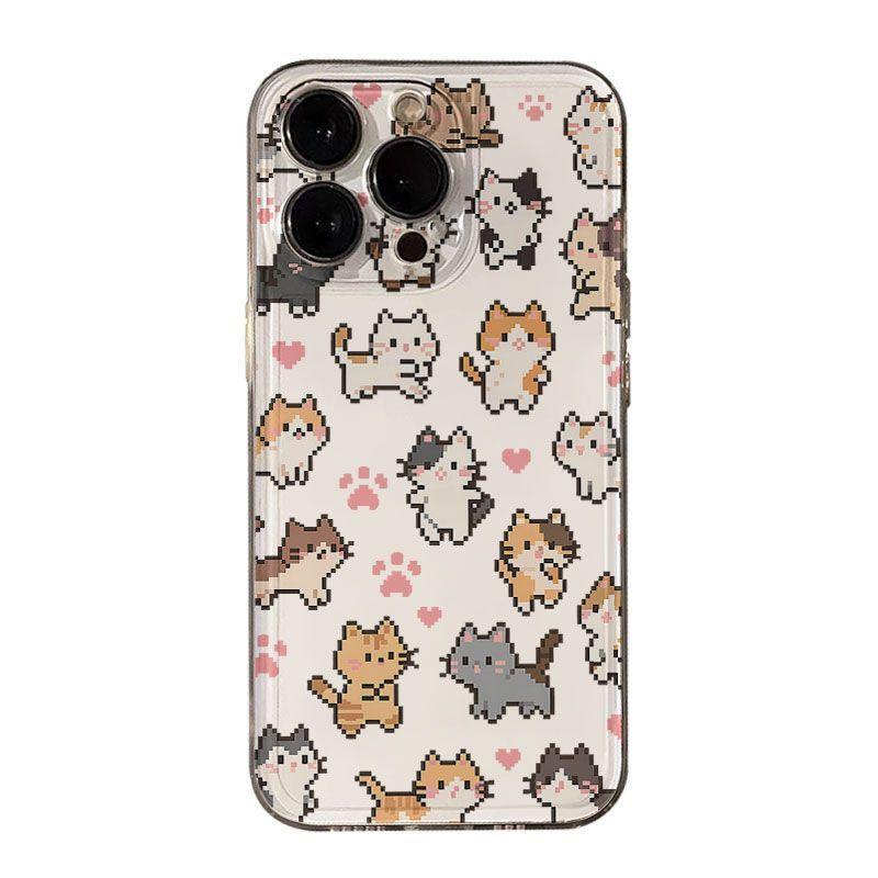 Transparent Shockproof Phone Case for IPhone 17 16 15 14 13 12 11 Pro Max IPhone 16 15 14 Plus Adorable Pixelated Kittens