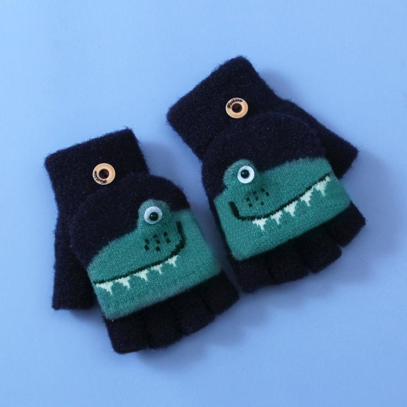 Half Finger Flip Cartoon Kids Gloves Jacquard Color Matching Autumn Winter Warm Gloves for Children Student Writing Baby Gloves