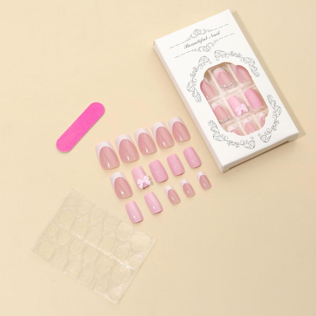 Glänzende Rosa Französische Schleife Klebenägel – Niedliches & Vielseitiges Nagelkunst-Set (24 Stück)