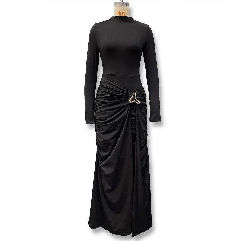 European Style Autumn Solid Color Long Sleeve Dress with Decorative Buckle