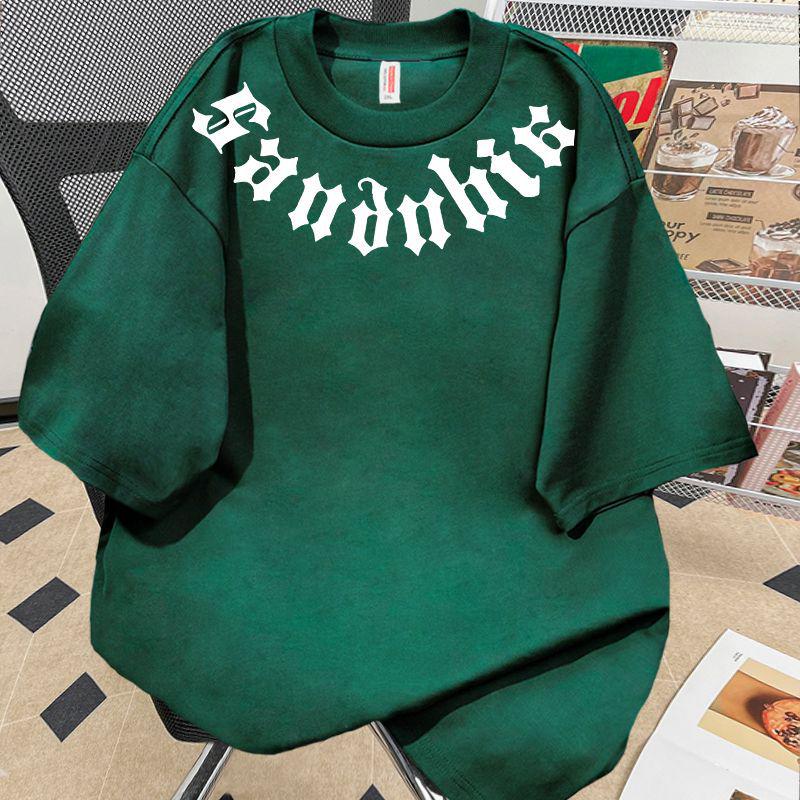 Unisex Fluorescent Green Cotton Letter Print T-Shirt, 190g Heavyweight, Short Sleeve - Men’s and Women’s Casual Top