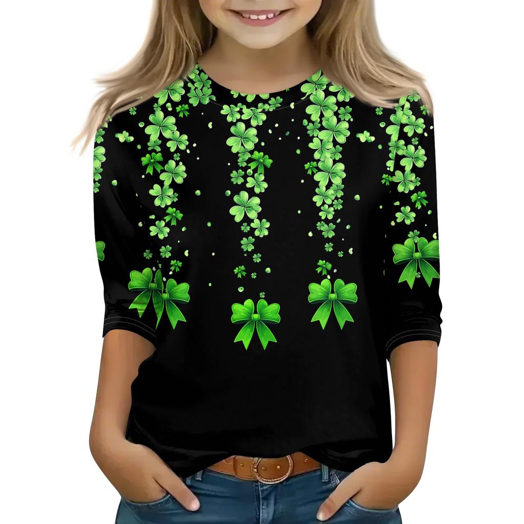 Bedruckte Oberteile für junge Mädchen von 5–16 Jahren, Rundhalsausschnitt, 3/4-Ärmel, T-Shirts, trendige Oberteile, Outfit-T-Shirts