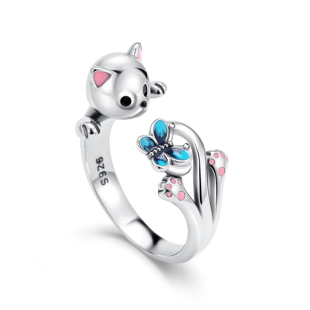925 Silver Enamel Cartoon Cat Elephant Rabbit Tulip Pattern Ring for Women Jewelry Open Design Wedding Party Fashion Gift