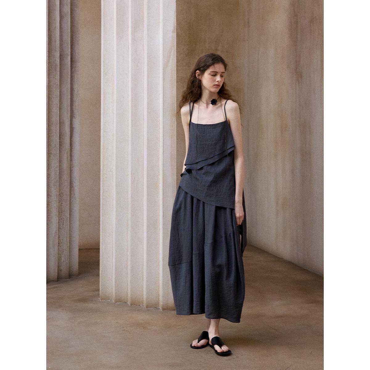 [How many do you know] Striped irregular sling vest women s summer linen short design floating sheet top M8934 S темно-серого