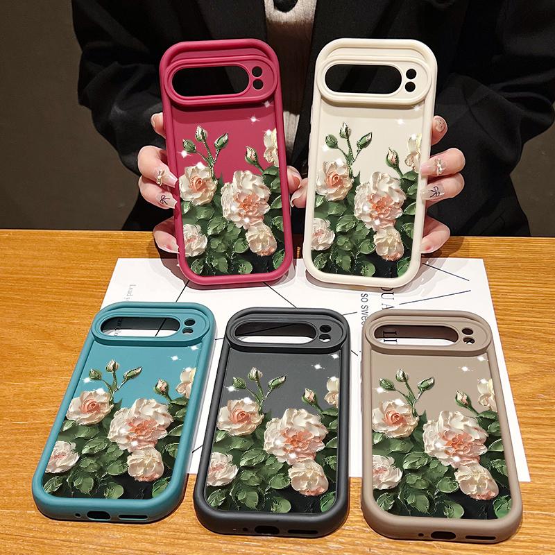 Oil Painting Rose Flowers Pattern Phone Case For Google Pixel 8 7 Pro 8A 9 Pro XL Candy Color Soft TPU Silicone Shockproof Cover For Pixel 9 8 7 Pro