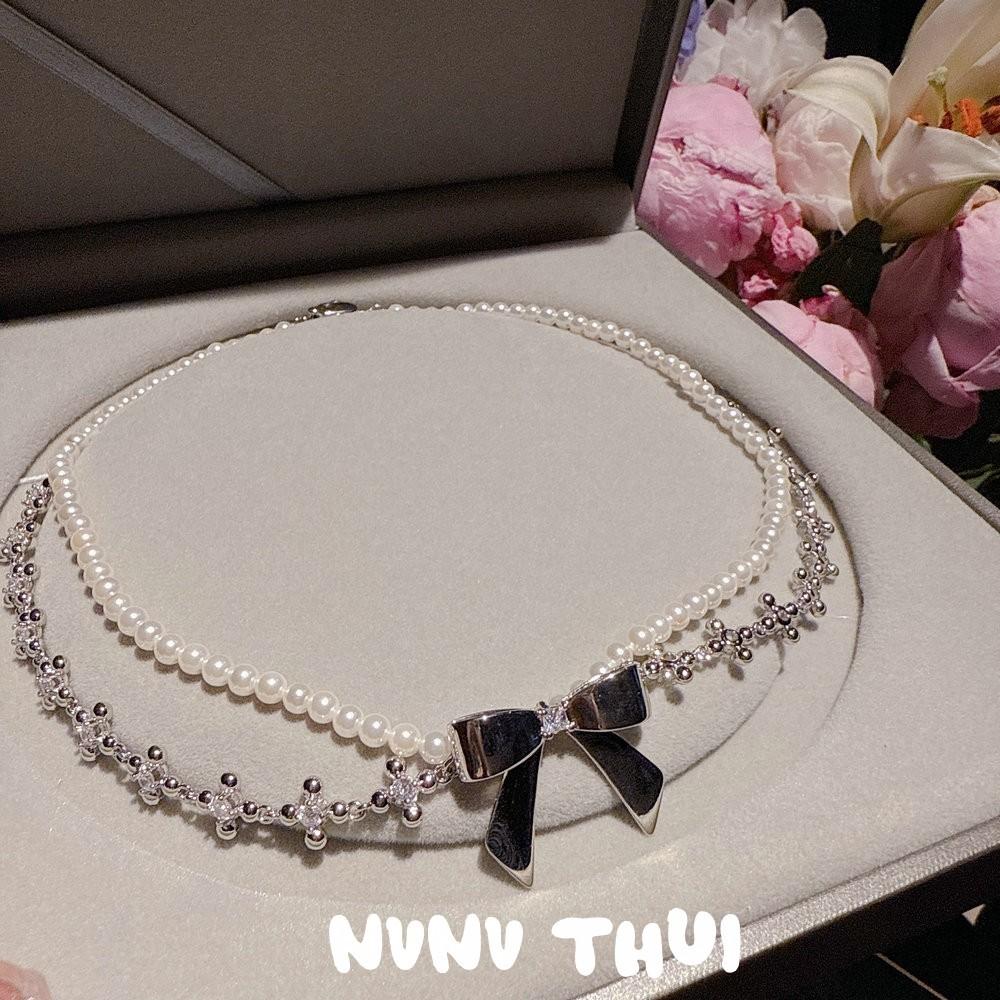 Mermaid Tears Bow Gem Bead Necklace Haute Couture Jewelry Magic Purple Garden Tube Diamond Studded With Pearl Earrings Set