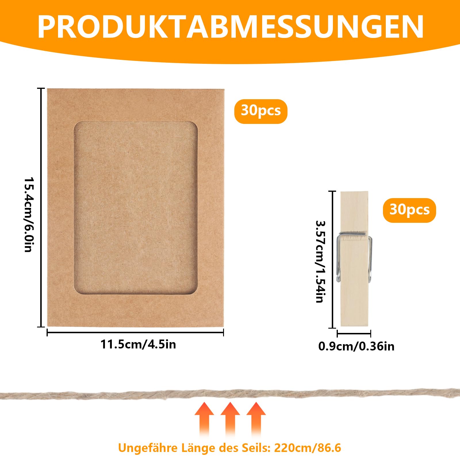 

30pcs 4x6 brown cardboard photo frames w/ wooden clips & hemp ropes - perfect for wall decor & displays жёлтый